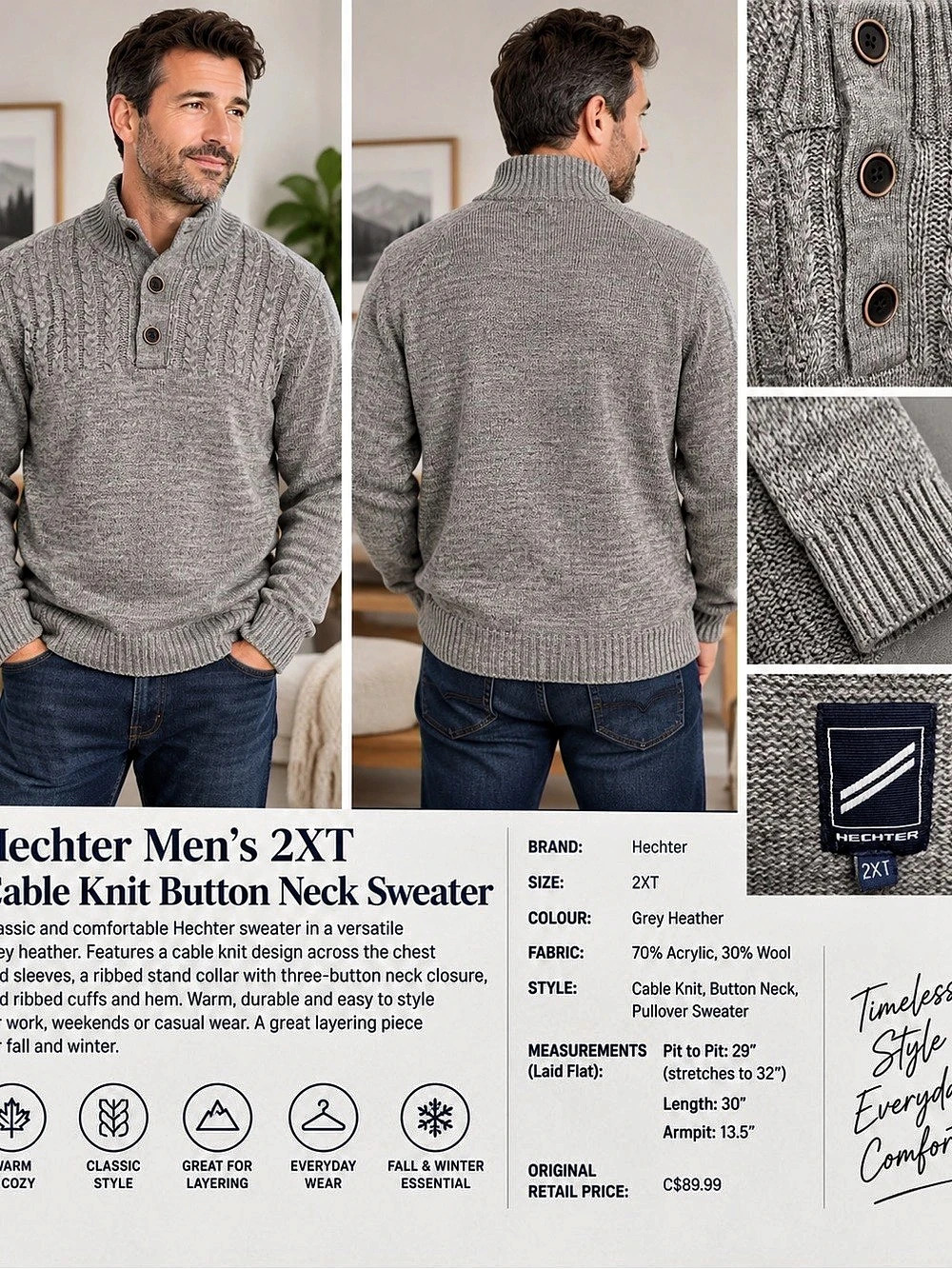 30” ptp Hecther Cable Knit Button Neck Sweater Gray 2XT NWT